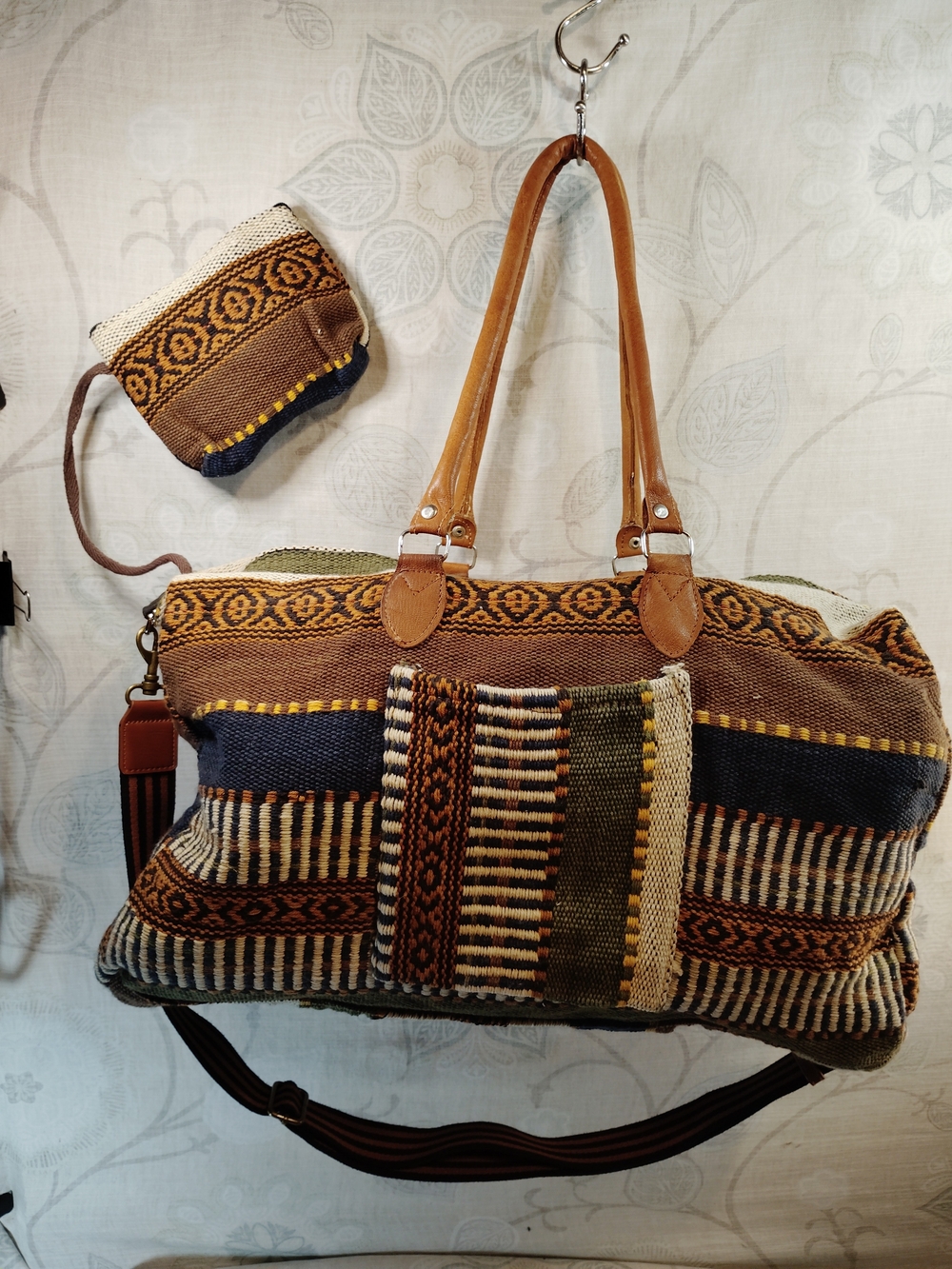 Boho Woven Multicolor Crossbody/Shoulder/ Weekender Tote w/ Faux Leather Handles